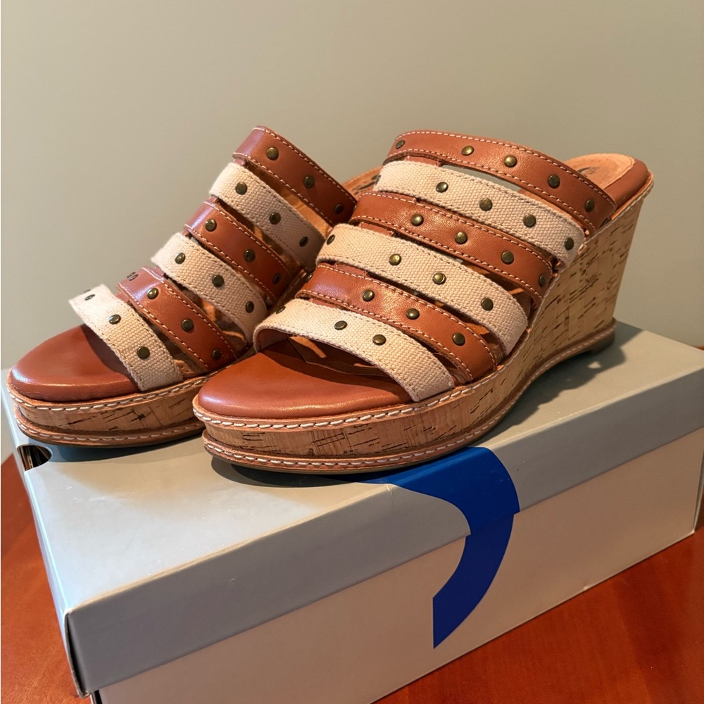 SoftWalk Brown and Cream Wedge Sandals
